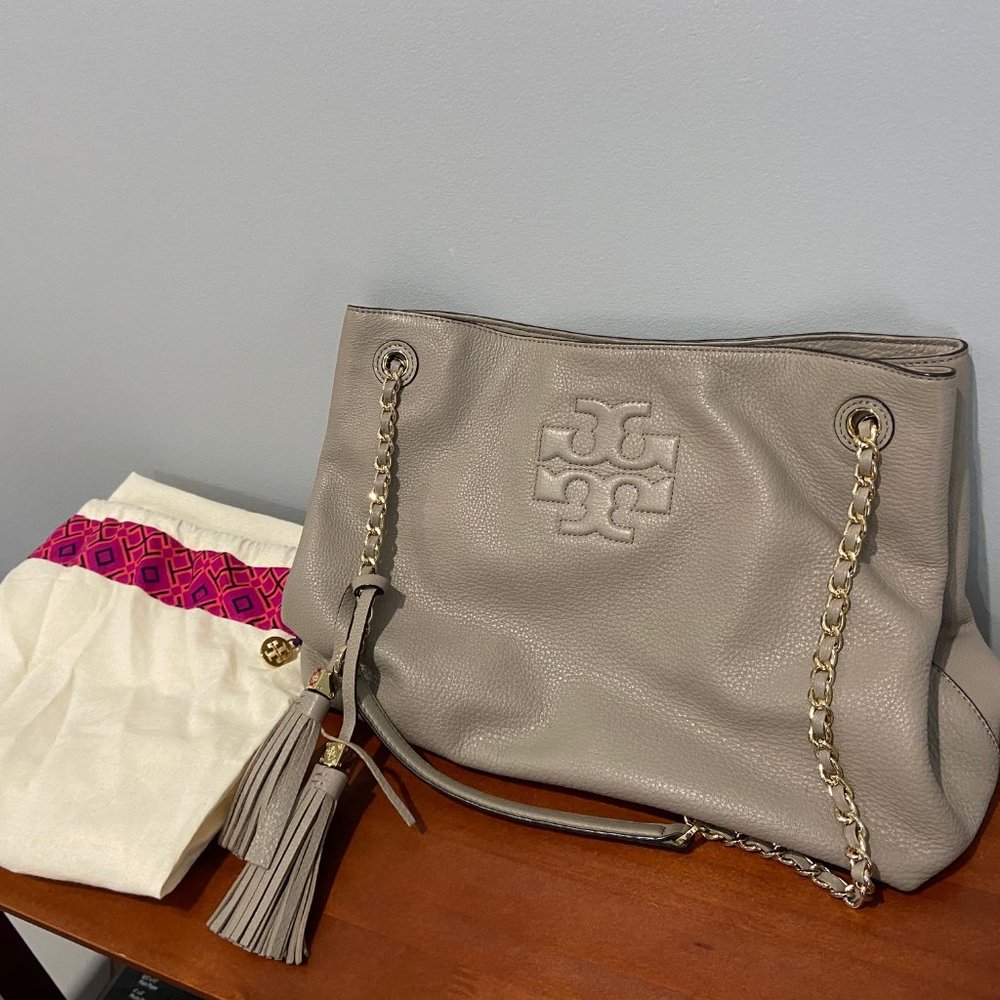 Tori Burch slouchy grey handbag with chain straps